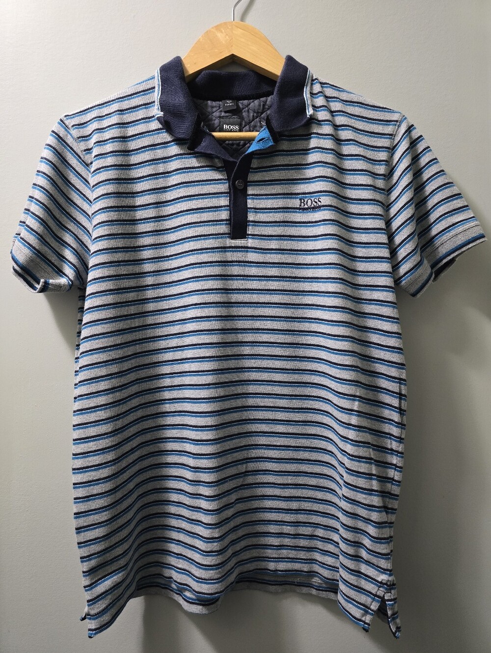 BOSS Navy and Light Gray Striped Polo Shirt Size Medium